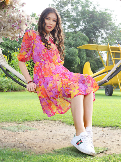 Multi Floral Knee  Dress