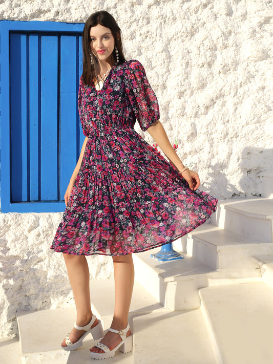 Navy floral V Neck dress