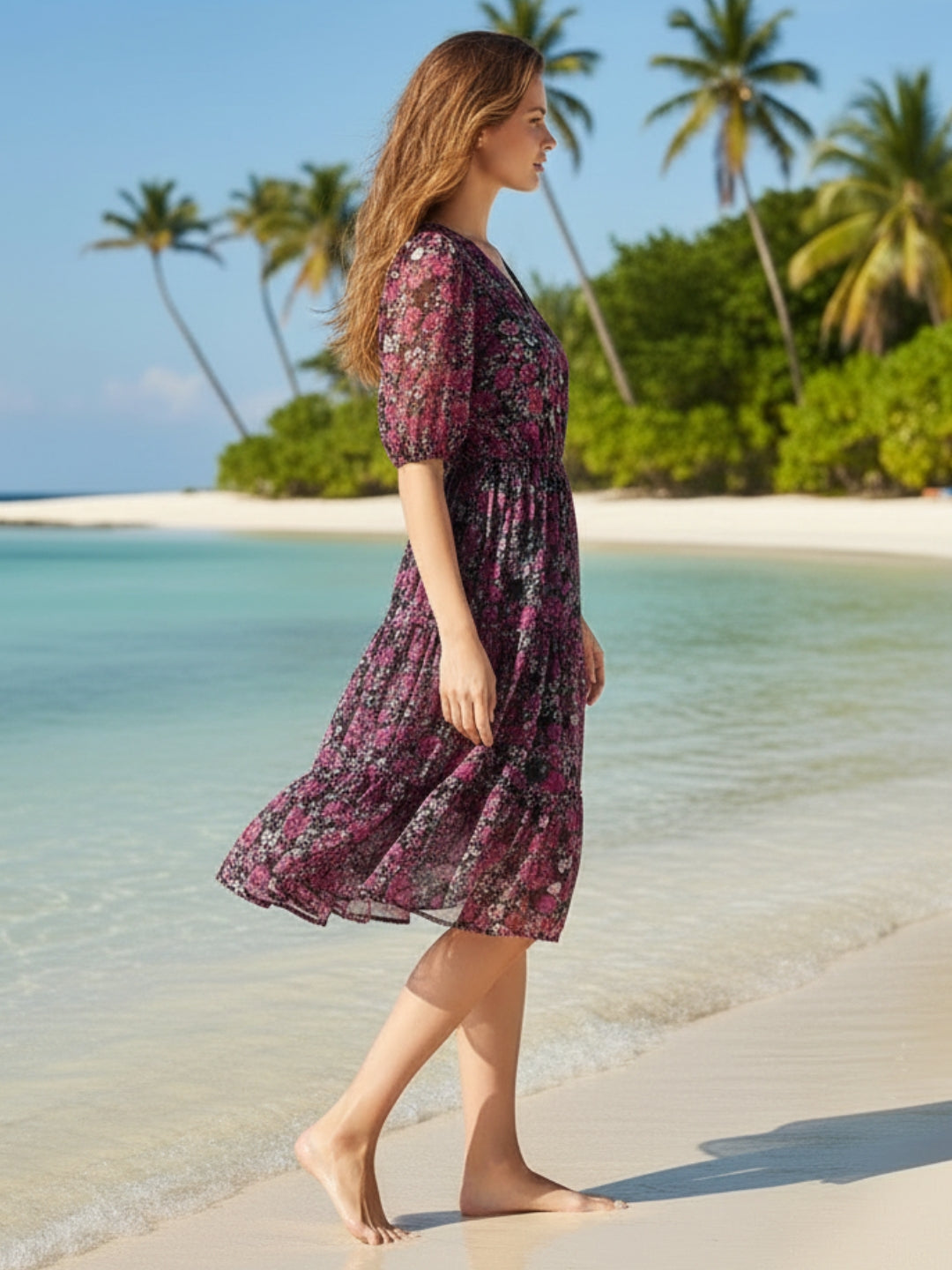 Sera Printed V-Neck Fit and Flare Short Sleeves Midi Dresses