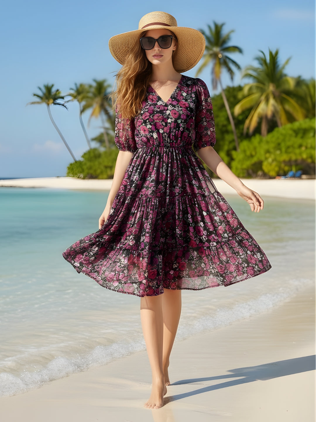 Sera Printed V-Neck Fit and Flare Short Sleeves Midi Dresses