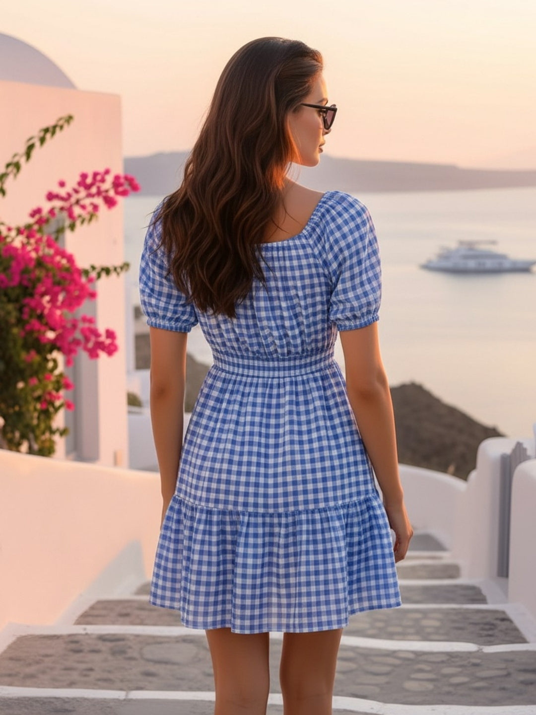 Sera Checked Square Neck Fit and Flare Short Sleeves Mini Dresses