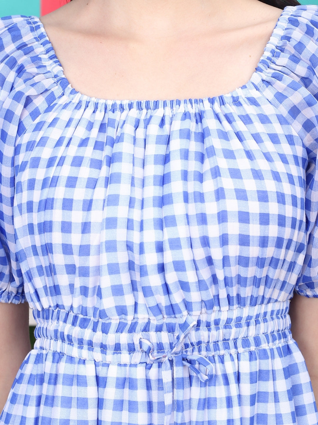 Sera Checked Square Neck Fit and Flare Short Sleeves Mini Dresses