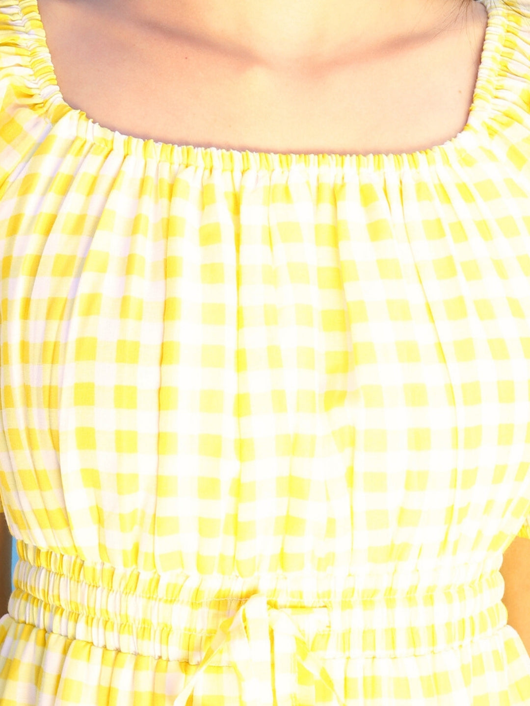 Sera Checked Square Neck Fit and Flare Short Sleeves Mini Dresses