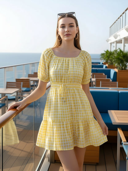 Sera Checked Square Neck Fit and Flare Short Sleeves Mini Dresses