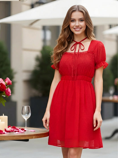 Sera Solid Square Neck Fit and Flare Short Sleeves Above Knee Dresses