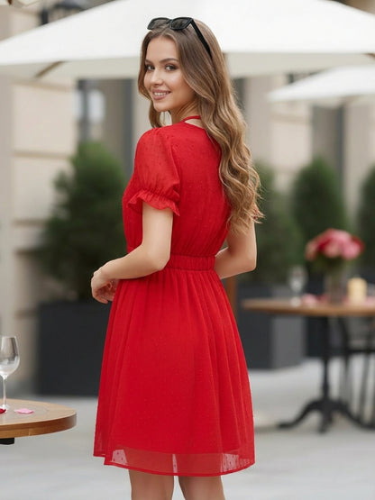 Sera Solid Square Neck Fit and Flare Short Sleeves Above Knee Dresses