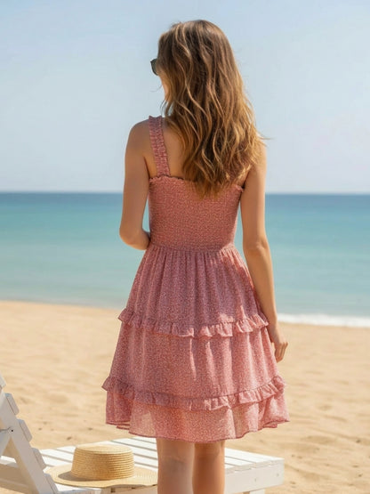 Sera Printed Shoulder Straps Fit and Flare Sleeveless Mini Dresses