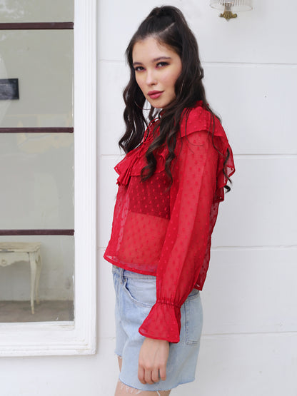 Red Tie-Up Neck Sheer Top