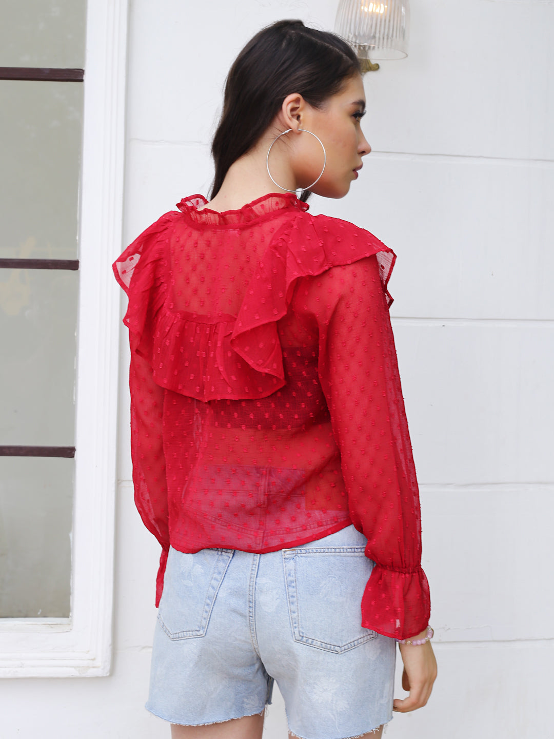 Red Tie-Up Neck Sheer Top