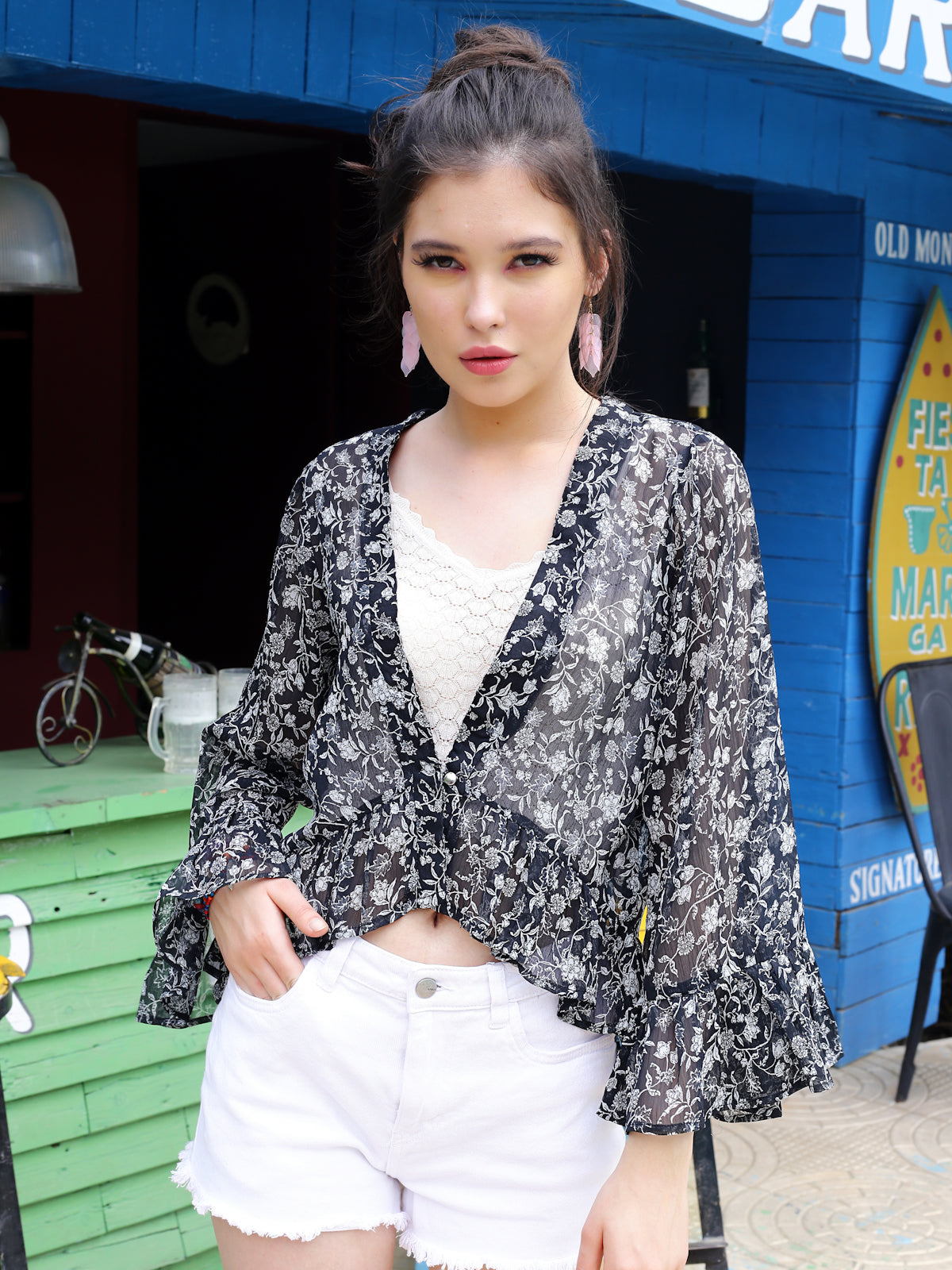 Black Floral Crop  Shrug