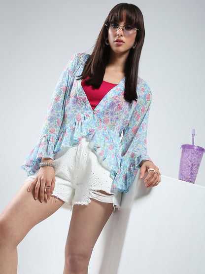 Sera women Blue Floral Print Chiffon shrug