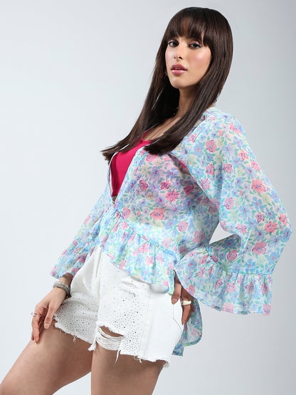 Sera women Blue Floral Print Chiffon shrug
