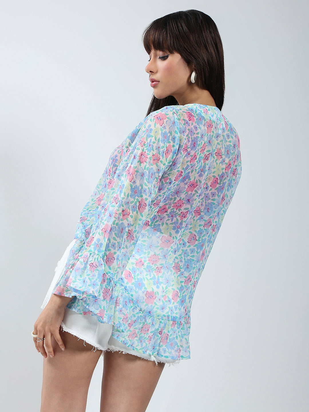 Sera women Blue Floral Print Chiffon shrug