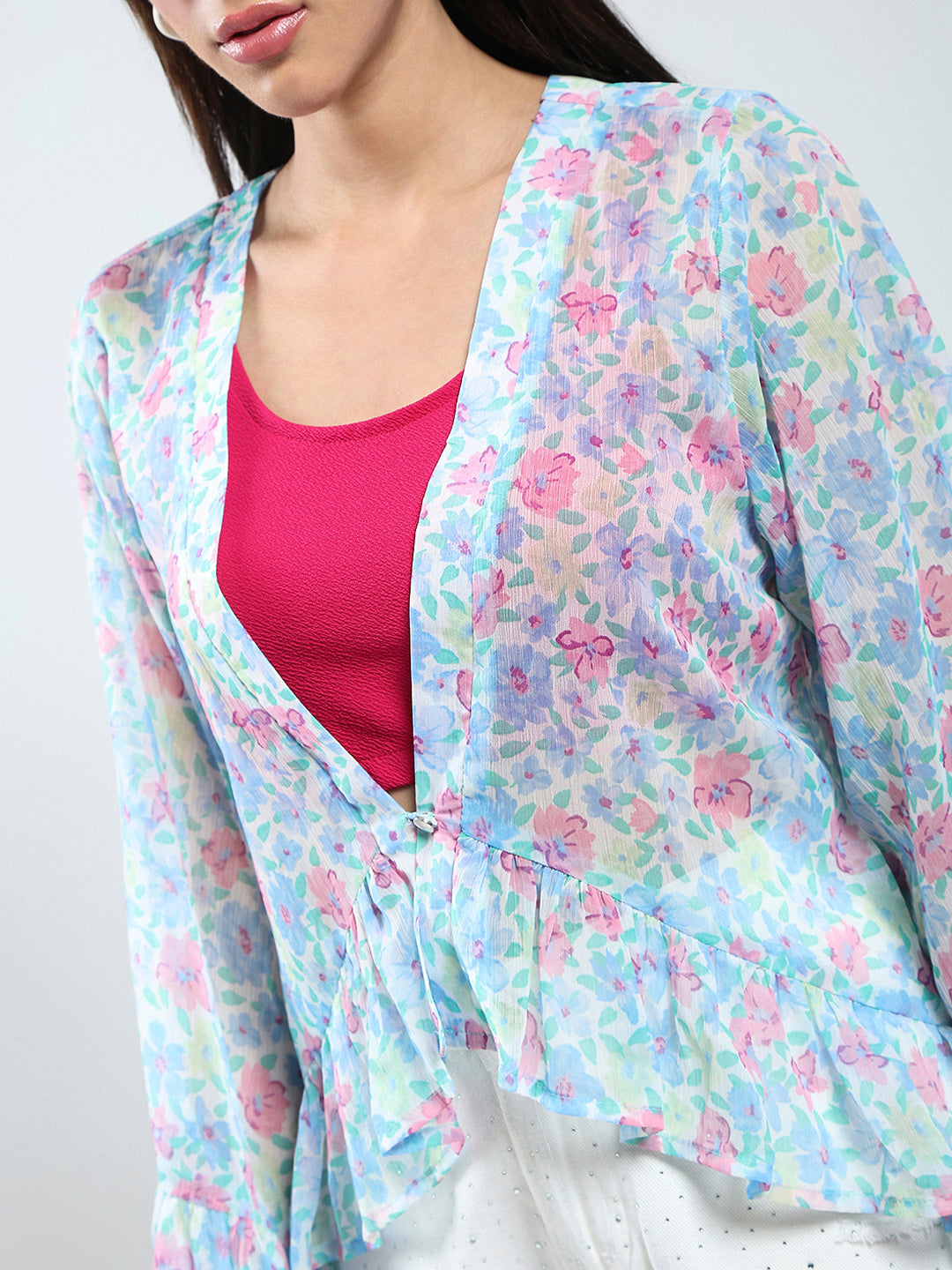 Sera women Blue Floral Print Chiffon shrug