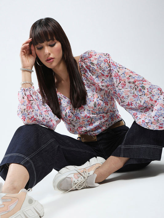 Sera White Floral Long Sleeve Wrap Top