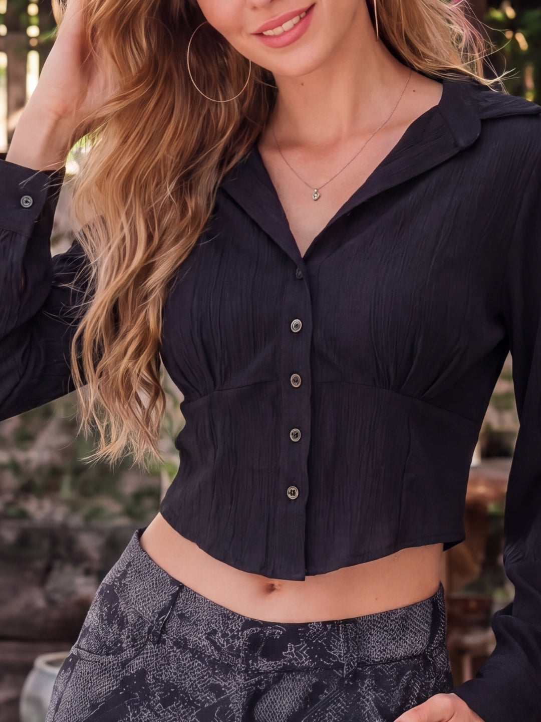 Premium Fabric Button Crop Top