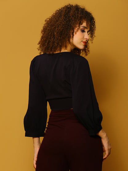 Black Solid Tie  Crop Top
