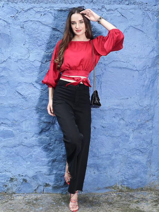 Red Solid Tie-Up Crop Top