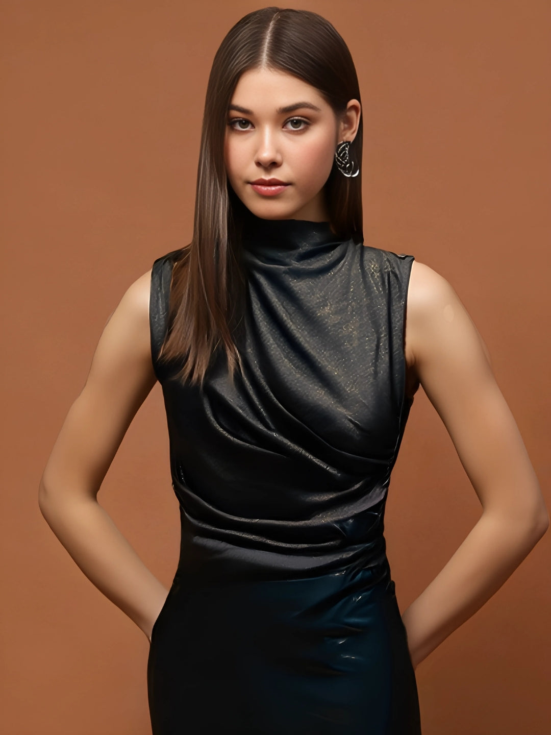 Black Sleeveless Stylish Bodycon Party Wear Elegant Metallic Fitted Top