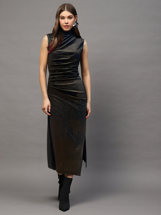 Black Sleeveless Bodycon Midi Dress with High Neck – Elegant Evening & Party Wear