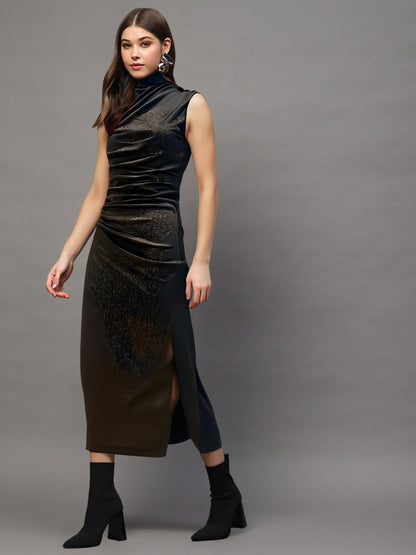 Black Sleeveless Bodycon Midi Dress with High Neck – Elegant Evening & Party Wear