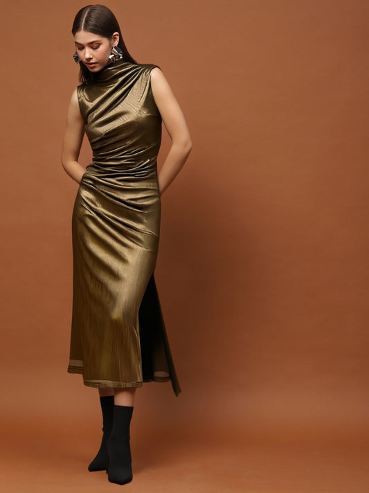 Golden Shimmer Sleeveless Bodycon Midi Dress with High Neck – Party & Evening Wear