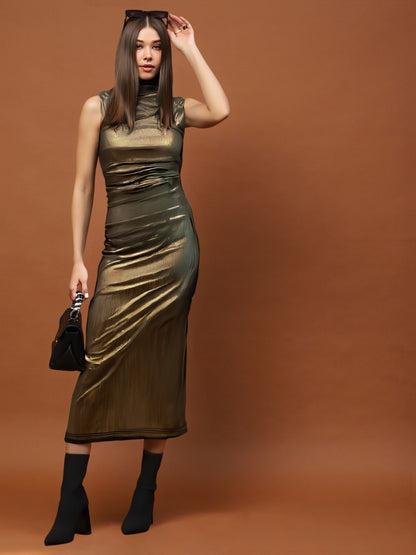 Golden Shimmer Sleeveless Bodycon Midi Dress with High Neck – Party & Evening Wear