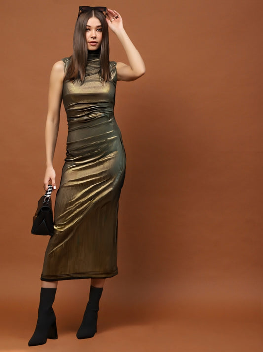 Golden Shimmer Sleeveless Bodycon Midi Dress with High Neck – Party & Evening Wear