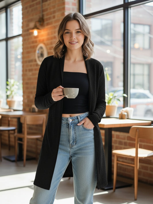 Women’s Long Black Open-Front Shrug | Lightweight Casual Layering Cardigan for Everyday Style