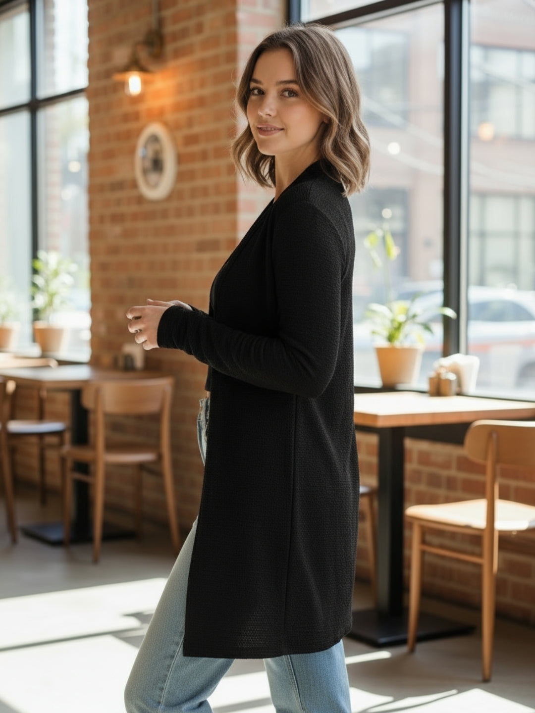 Women’s Long Black Open-Front Shrug | Lightweight Casual Layering Cardigan for Everyday Style