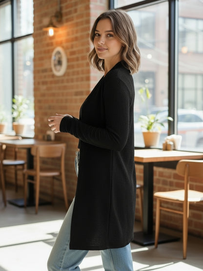 Women’s Long Black Open-Front Shrug | Lightweight Casual Layering Cardigan for Everyday Style