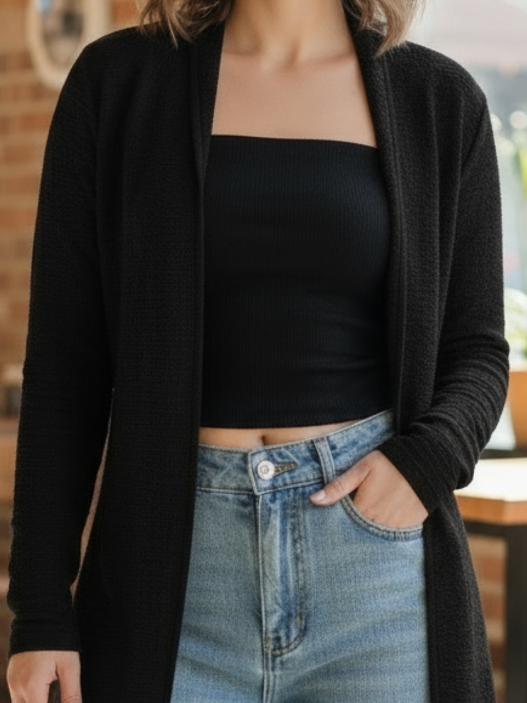 Women’s Long Black Open-Front Shrug | Lightweight Casual Layering Cardigan for Everyday Style