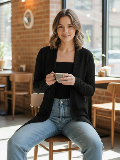 Women’s Long Black Open-Front Shrug | Lightweight Casual Layering Cardigan for Everyday Style