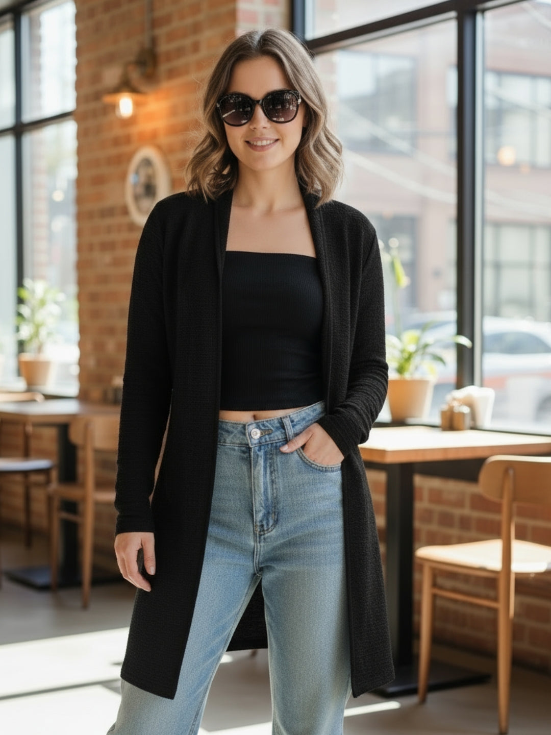 Women’s Long Black Open-Front Shrug | Lightweight Casual Layering Cardigan for Everyday Style