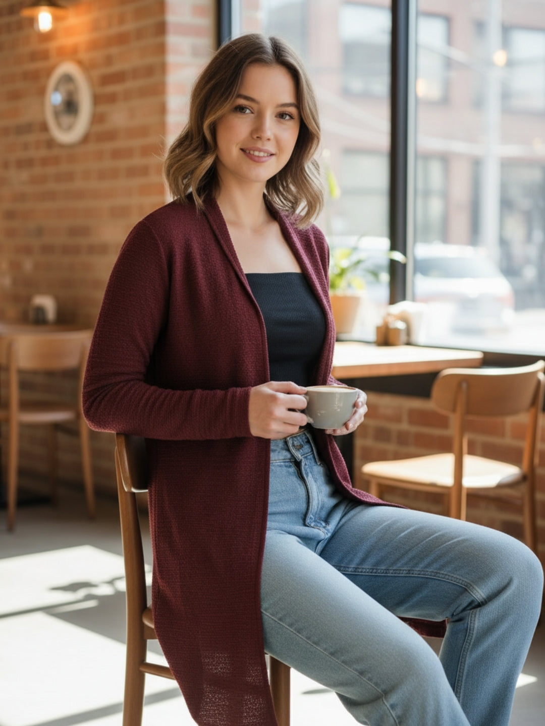 Women’s Long Rust Open-Front Shrug | Lightweight Casual Layering Cardigan for Everyday Style