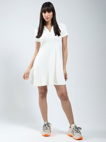 Women Solid Ecru Mini Fit and Flare Dress