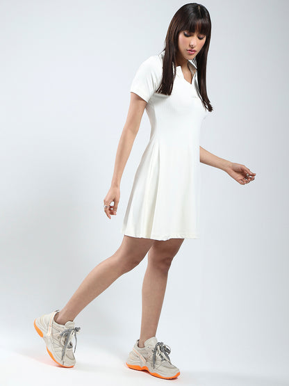 Women Solid Ecru Mini Fit and Flare Dress