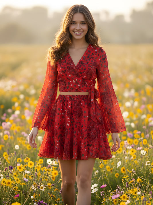 Sera Red Printed Top Skirt Cord-Set