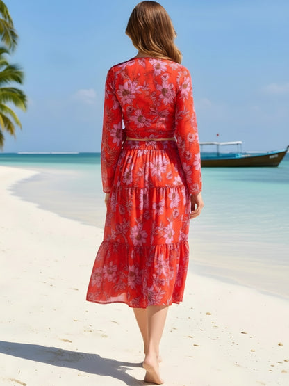 Sera RedFL Printed Top Skirt Cord-Set