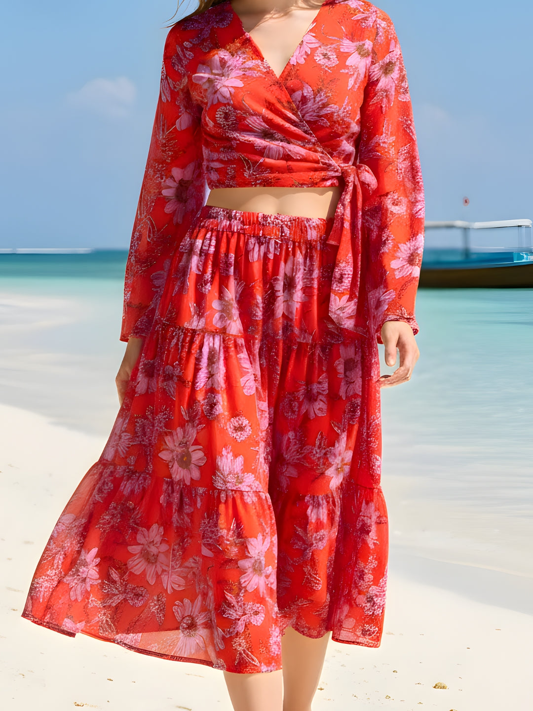 Sera RedFL Printed Top Skirt Cord-Set