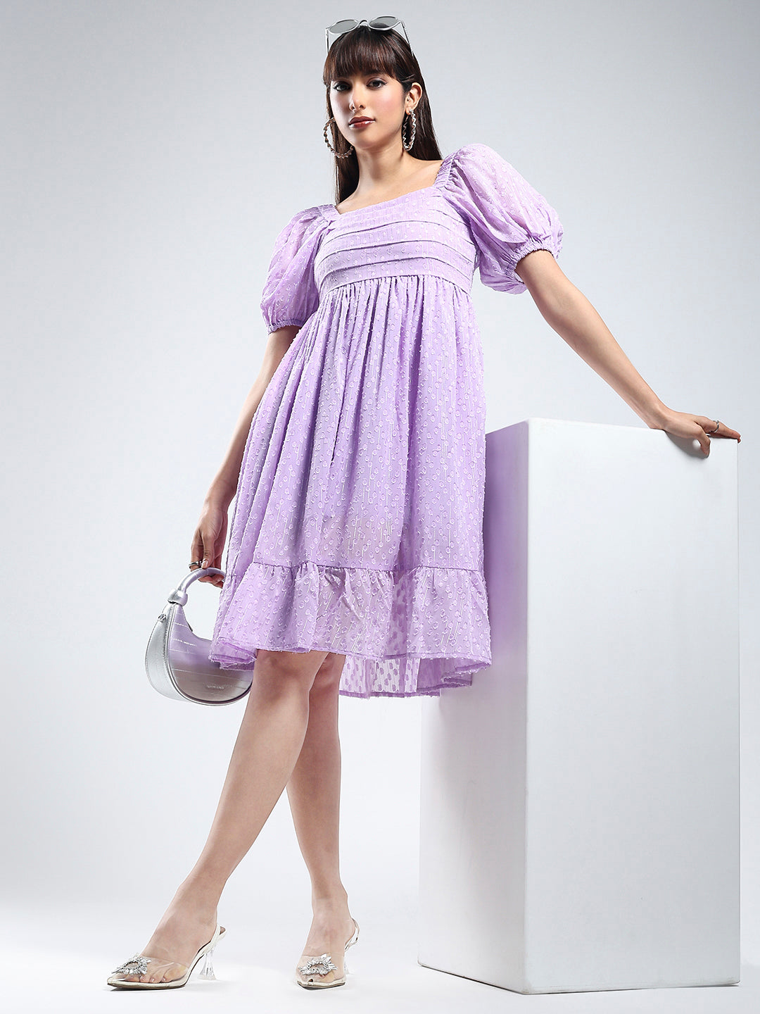 Women solid purple fit and flare Mini Dress
