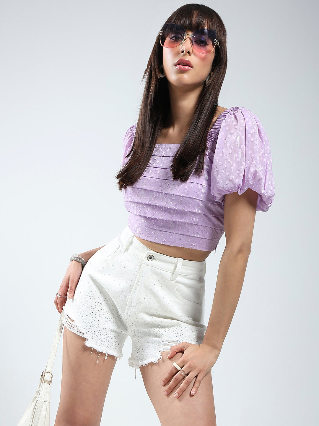 Sera Purple Self Design Short Sleeve Regular Top