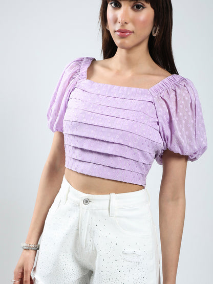 Sera Purple Self Design Short Sleeve Regular Top