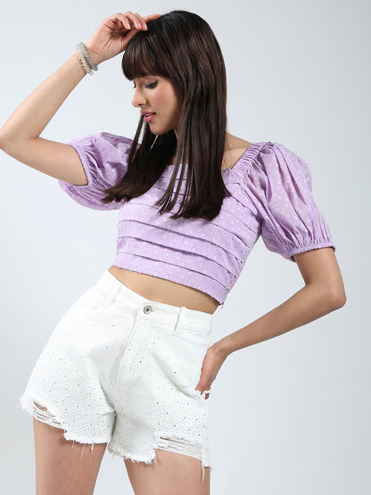 Sera Purple Self Design Short Sleeve Regular Top