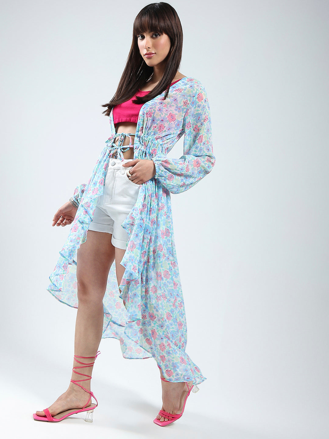 Sera women Blue Floral Print Chiffon shrug