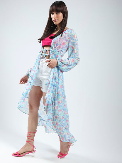 Sera women Blue Floral Print Chiffon shrug