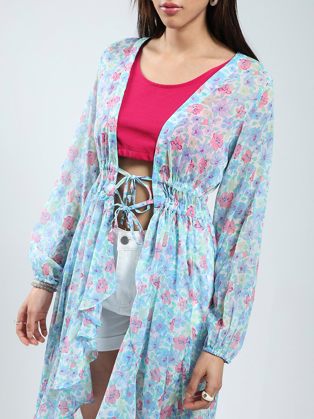 Sera women Blue Floral Print Chiffon shrug