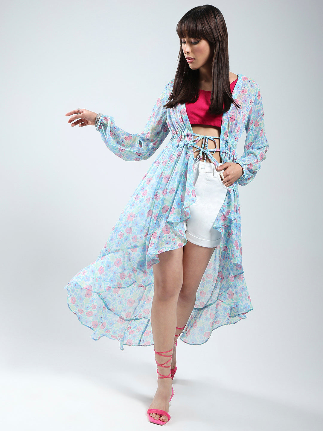 Sera women Blue Floral Print Chiffon shrug