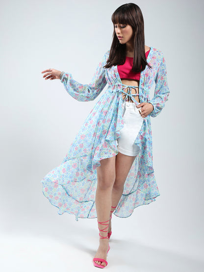 Sera women Blue Floral Print Chiffon shrug
