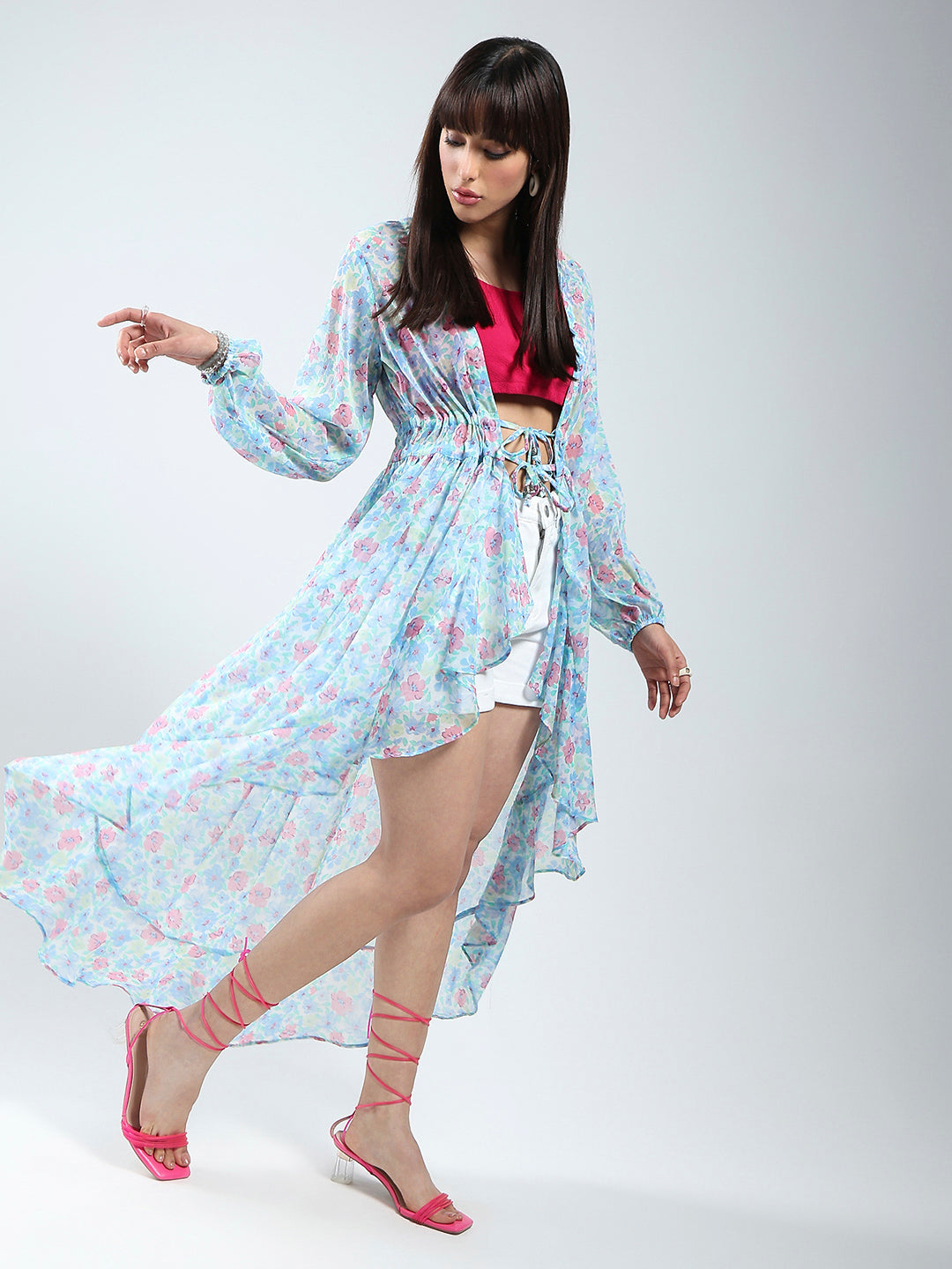 Sera women Blue Floral Print Chiffon shrug
